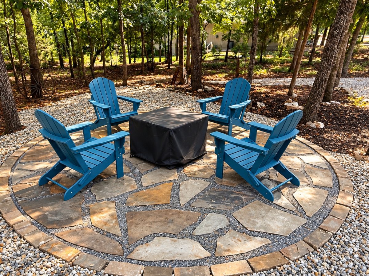 Same view after β a round fitted-flagstone fire-pit patio with a paver border, set in river rock