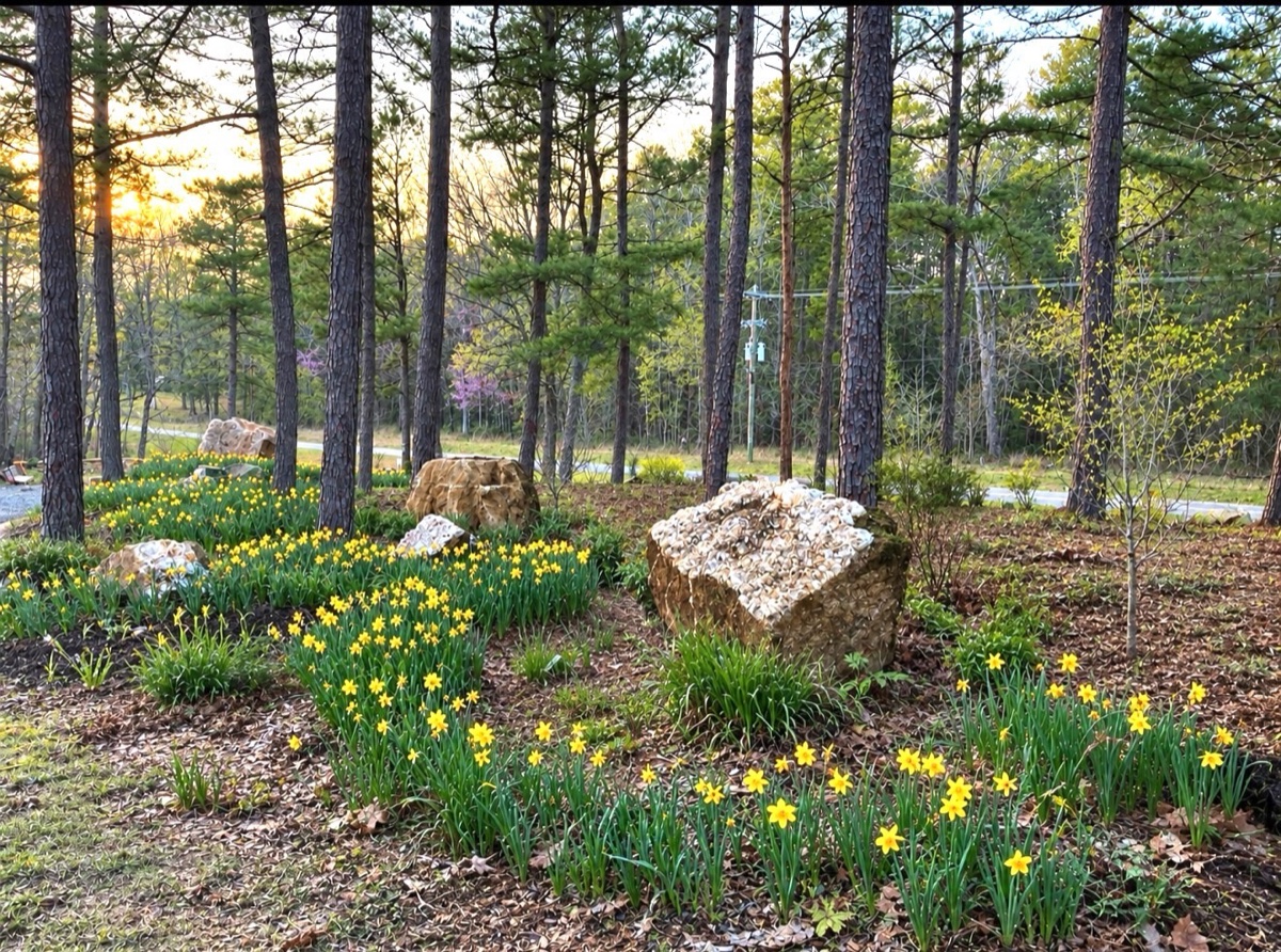 Quartz boulders set in mass daffodil plantings, woodland setting