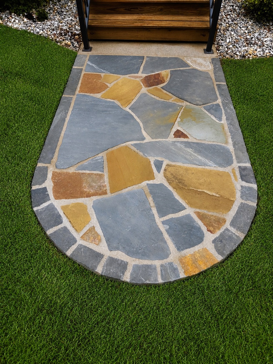 Colorful flagstone landing at the base of steps