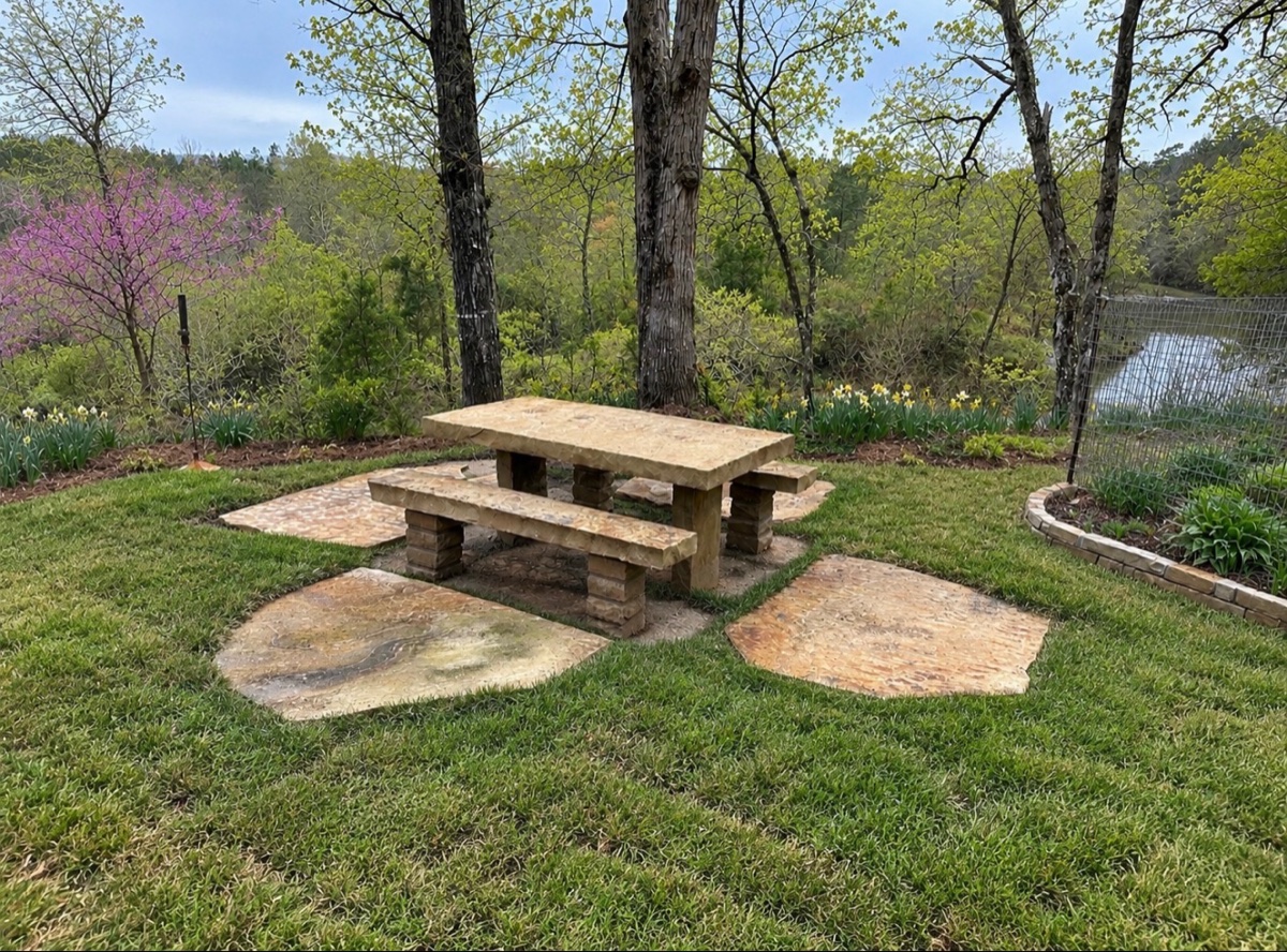 Carved Arkansas-stone table and benches by a lake