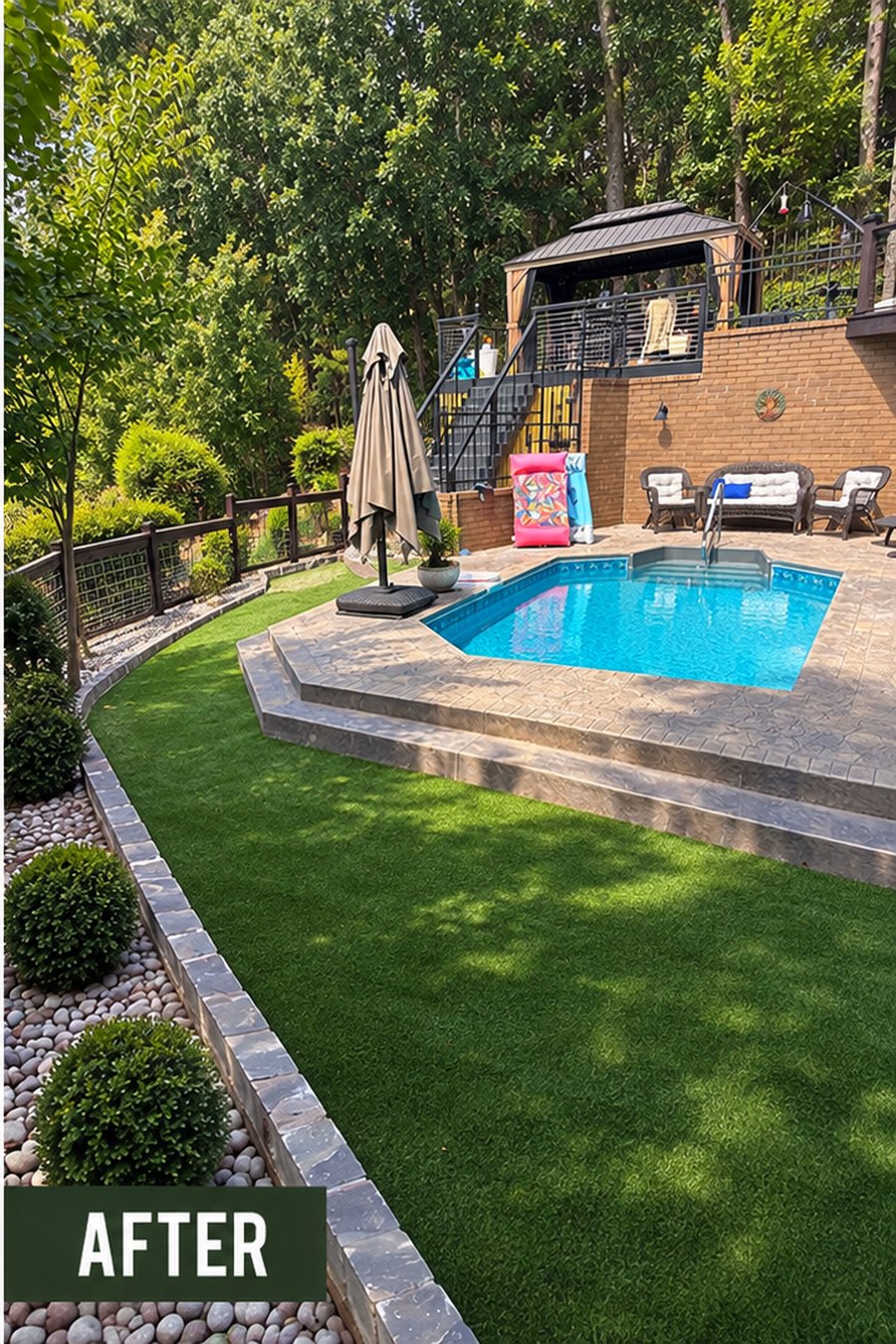 Backyard after — in-ground pool with a stamped-concrete deck, turf lawn, boxwoods and stone borders