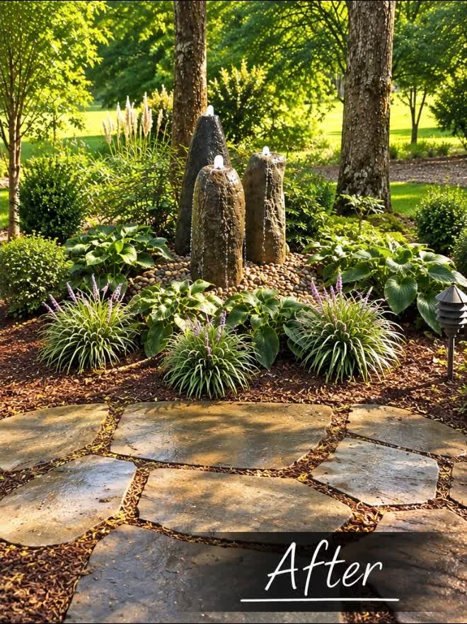 After β a three-tier stacked-stone bubbling fountain surrounded by hostas and liriope