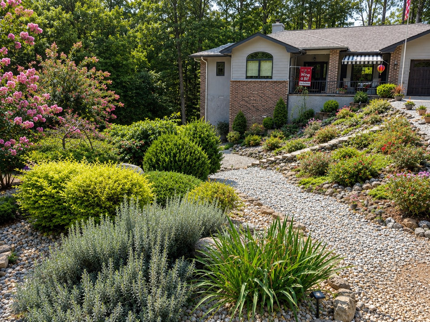 Dry-creek stone bed and plantings after drainage and landscaping