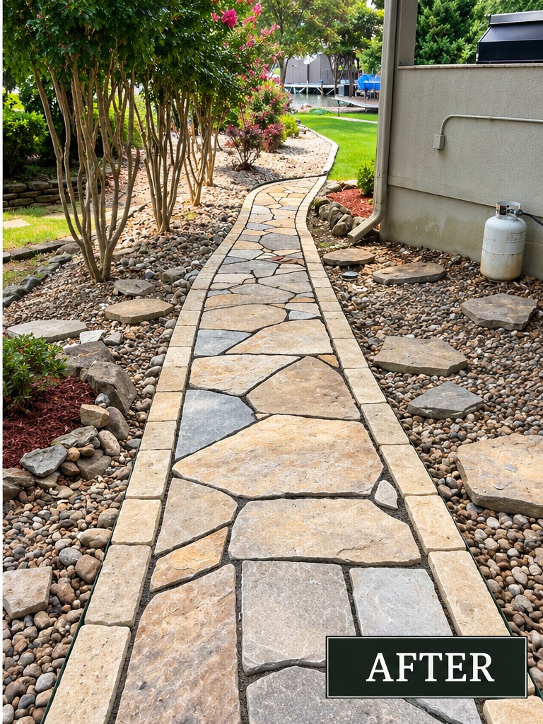 Flagstone walkway after — tight, clean re-set flagstone with locked joints