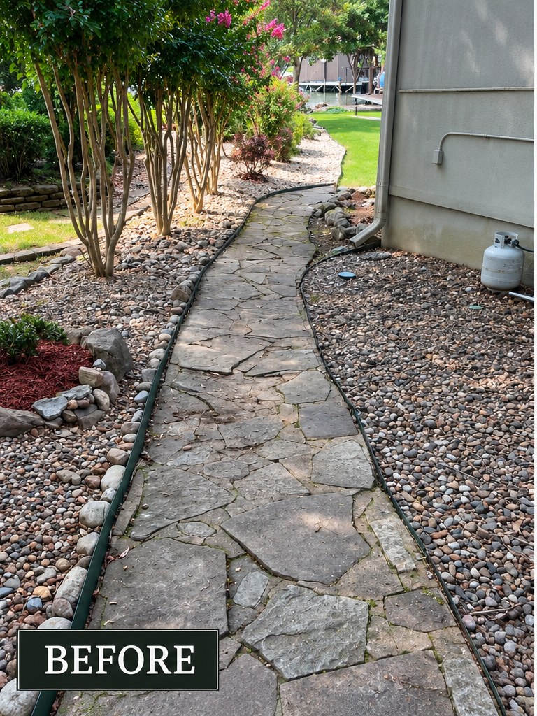 Flagstone walkway before — a rough, gap-filled path